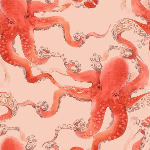 Watercolor-style red octopus wallpaper with detailed suction cups on a soft pink background for kos product