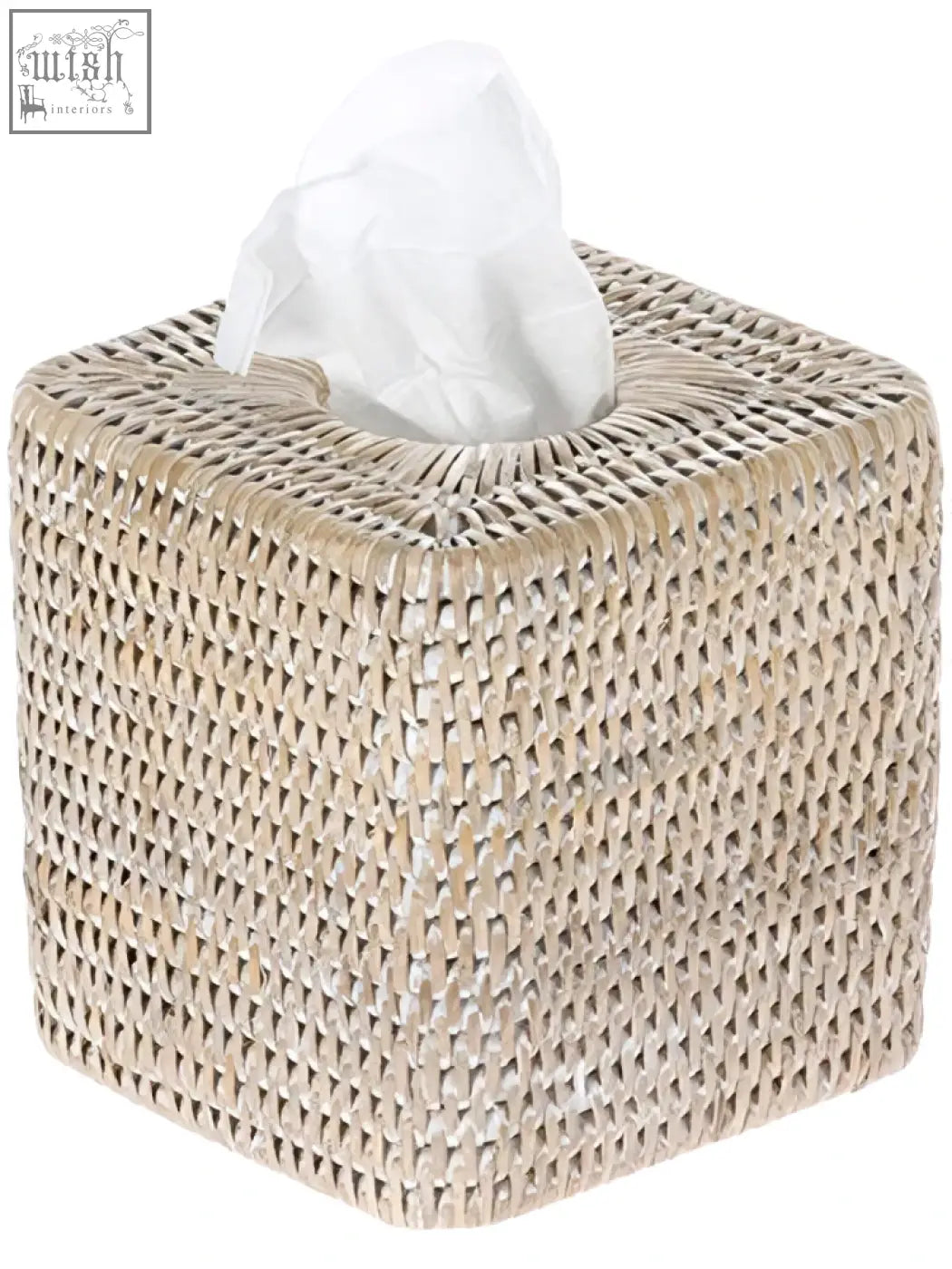 Beige woven rattan tissue box cover with white paper towel partially pulled out for stylish tissue box use