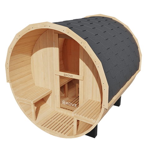 KOVE Outdoor Barrel Sauna – 3–4 Person Garden Sauna with 6kW Harvia Electric Heater