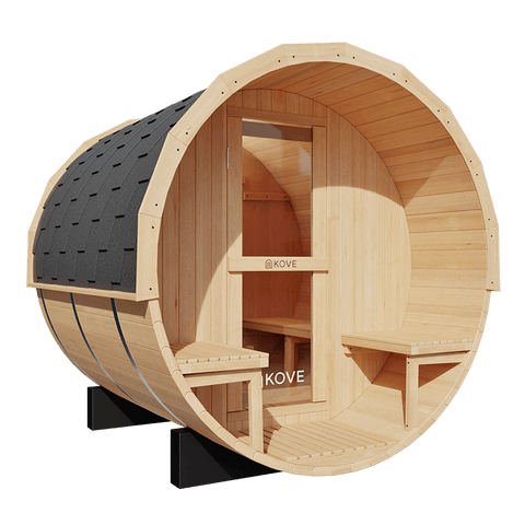 KOVE Outdoor Barrel Sauna – 3–4 Person Garden Sauna with 6kW Harvia Electric Heater