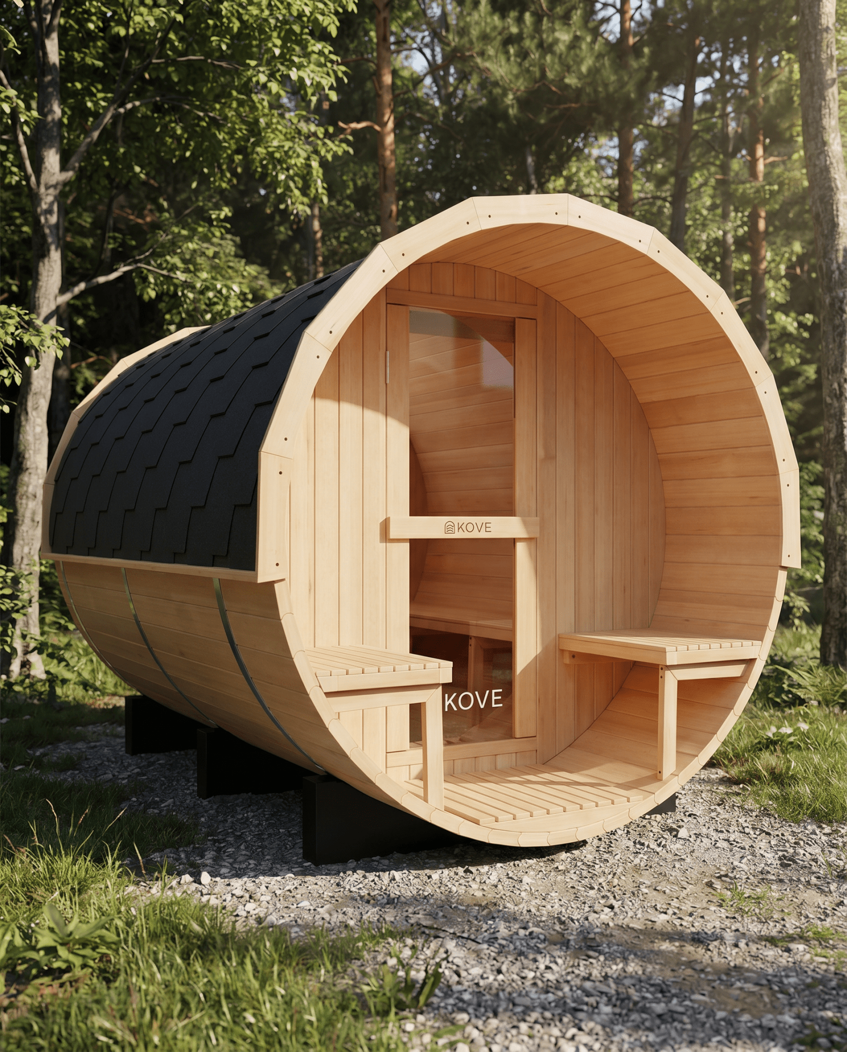 KOVE Outdoor Barrel Sauna – 5–6 Person Garden Sauna with 6kW Harvia Electric Heater