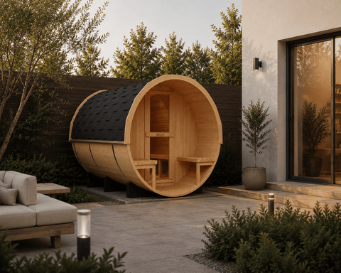 KOVE Outdoor Barrel Sauna – 5–6 Person Garden Sauna with 6kW Harvia Electric Heater