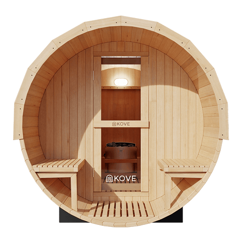 KOVE Outdoor Barrel Sauna – 5–6 Person Garden Sauna with 6kW Harvia Electric Heater