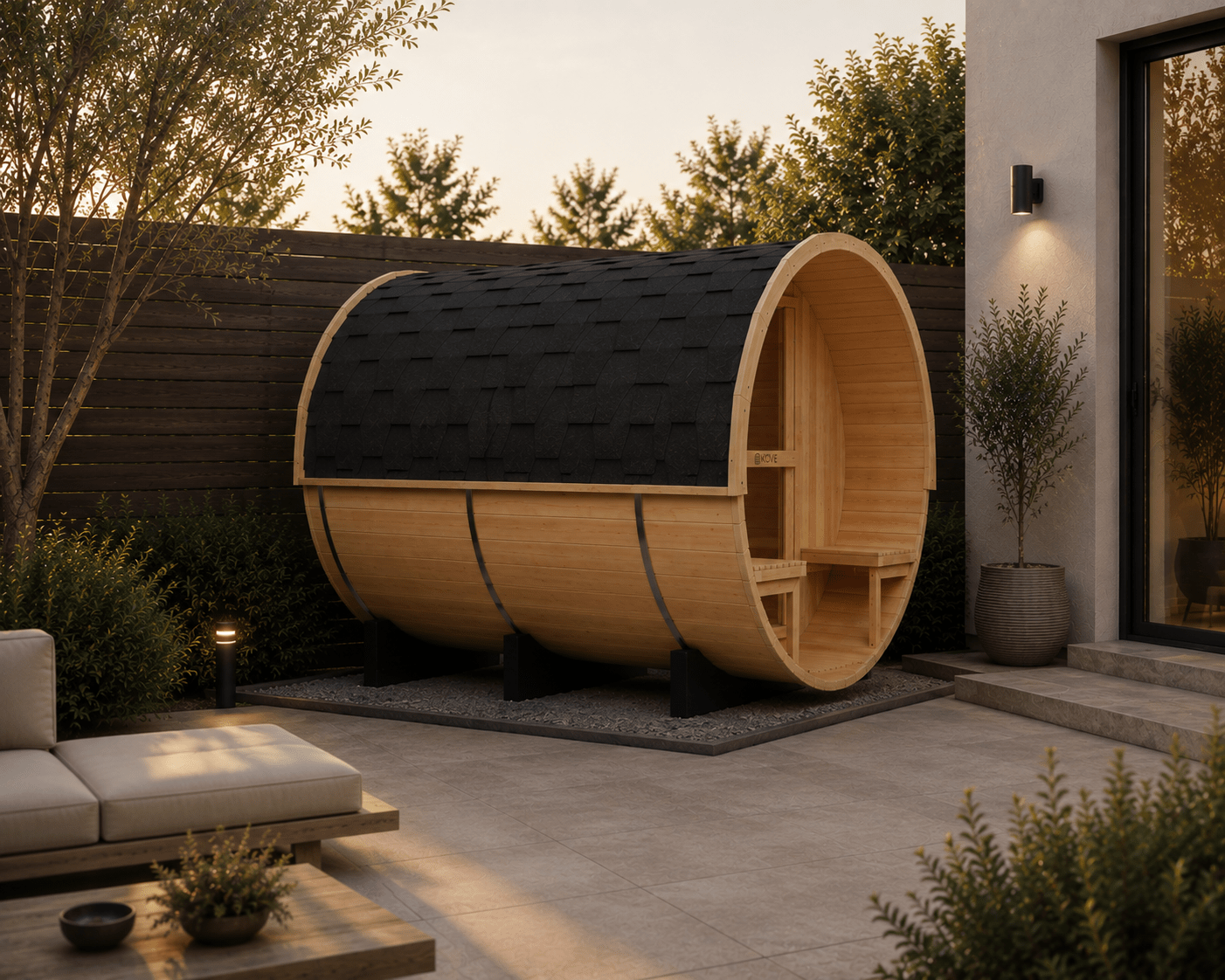 KOVE Outdoor Barrel Sauna – 5–6 Person Garden Sauna with 6kW Harvia Electric Heater