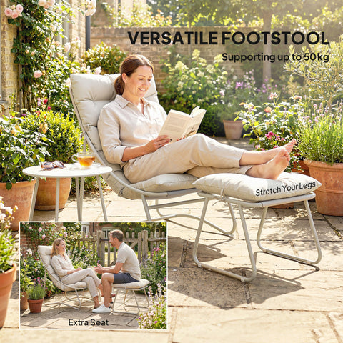 Outsunny Bistro Set for Garden, 3 Piece Outdoor Table and Chair with Footstool and Removable Cushions, Comfy Balcony Furniture