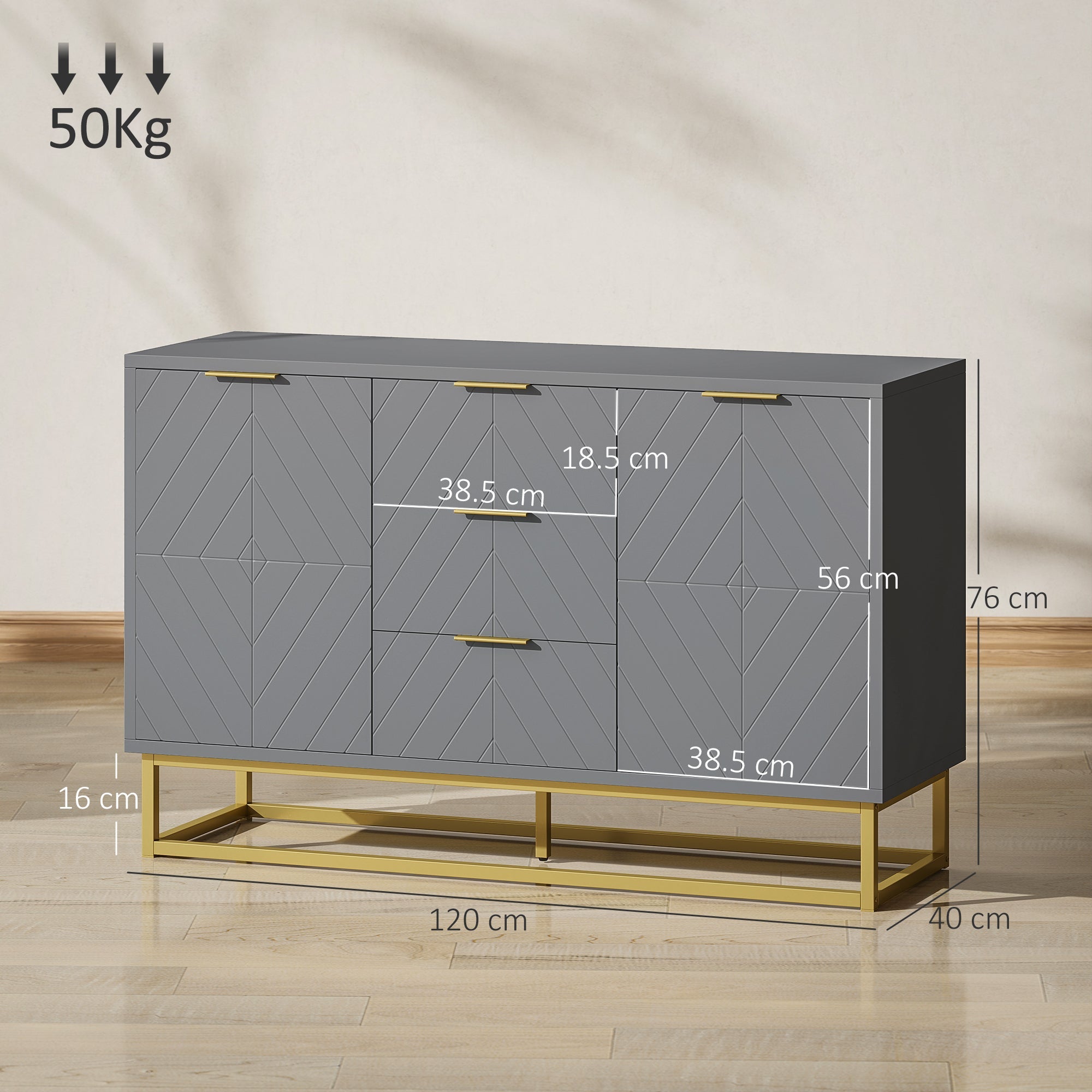 HOMCOM Sideboard with 3 Drawers and Adjustable Shelves for Living Room - Grey