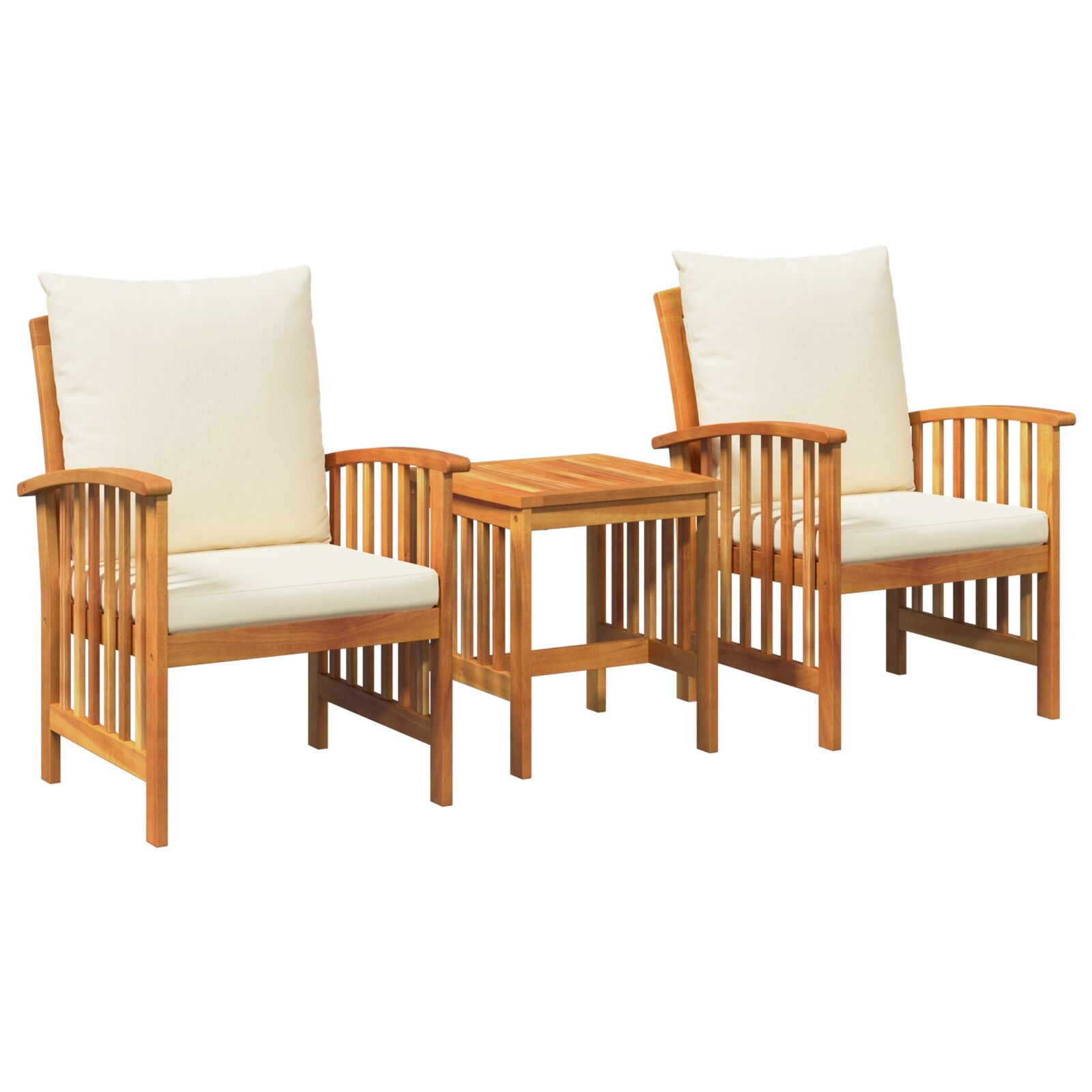 Set of two light acacia wood armchairs with cream cushions and a solid acacia wood side table for outdoor dining set