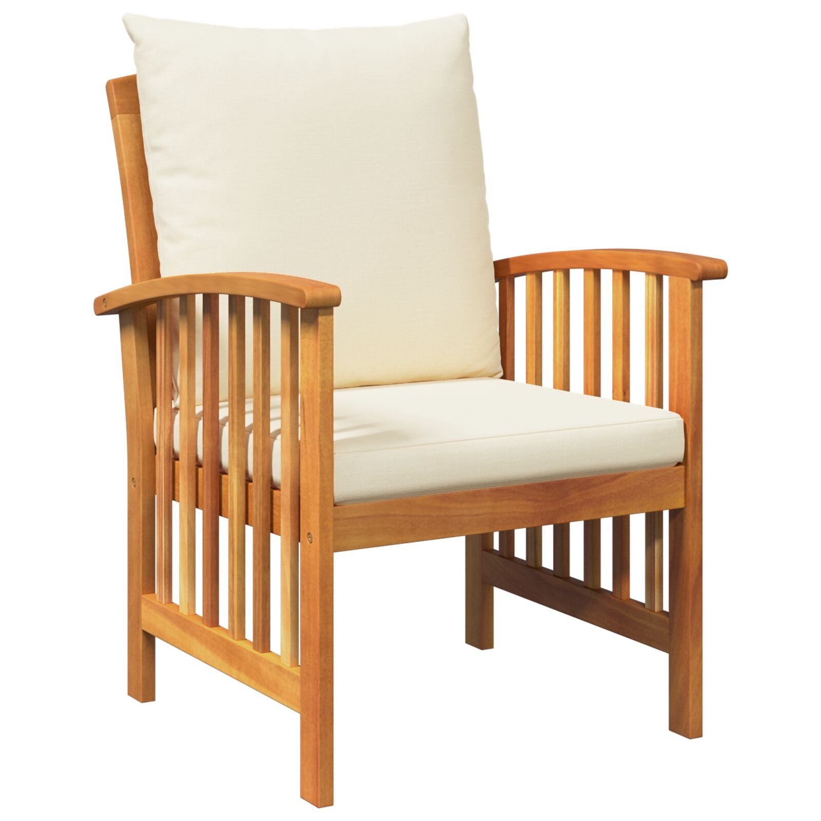 Beige cushioned wooden armchair with slatted design in solid acacia wood for outdoor dining set use