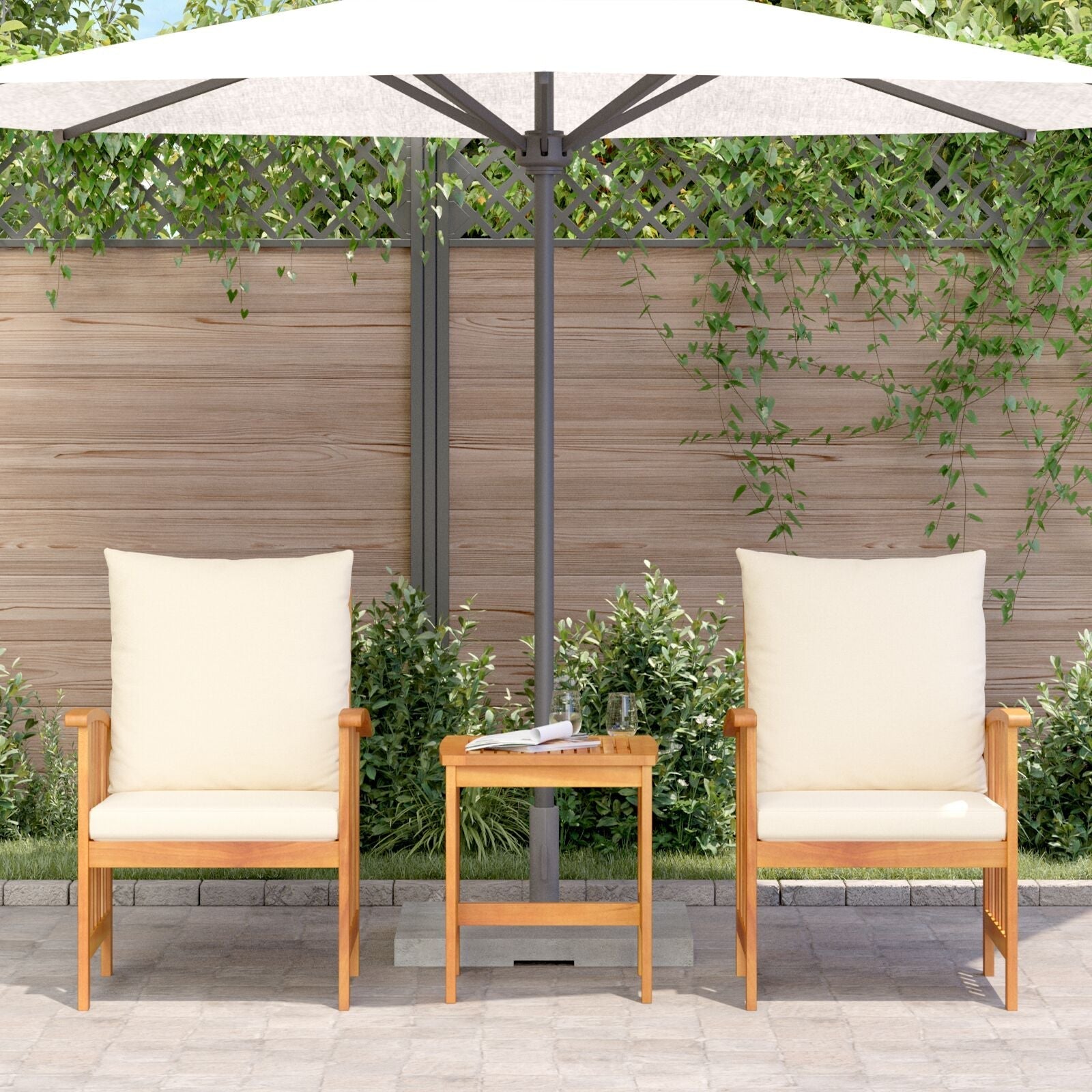 Beige cushioned wooden patio chair set with matching side table under white umbrella made of solid acacia wood