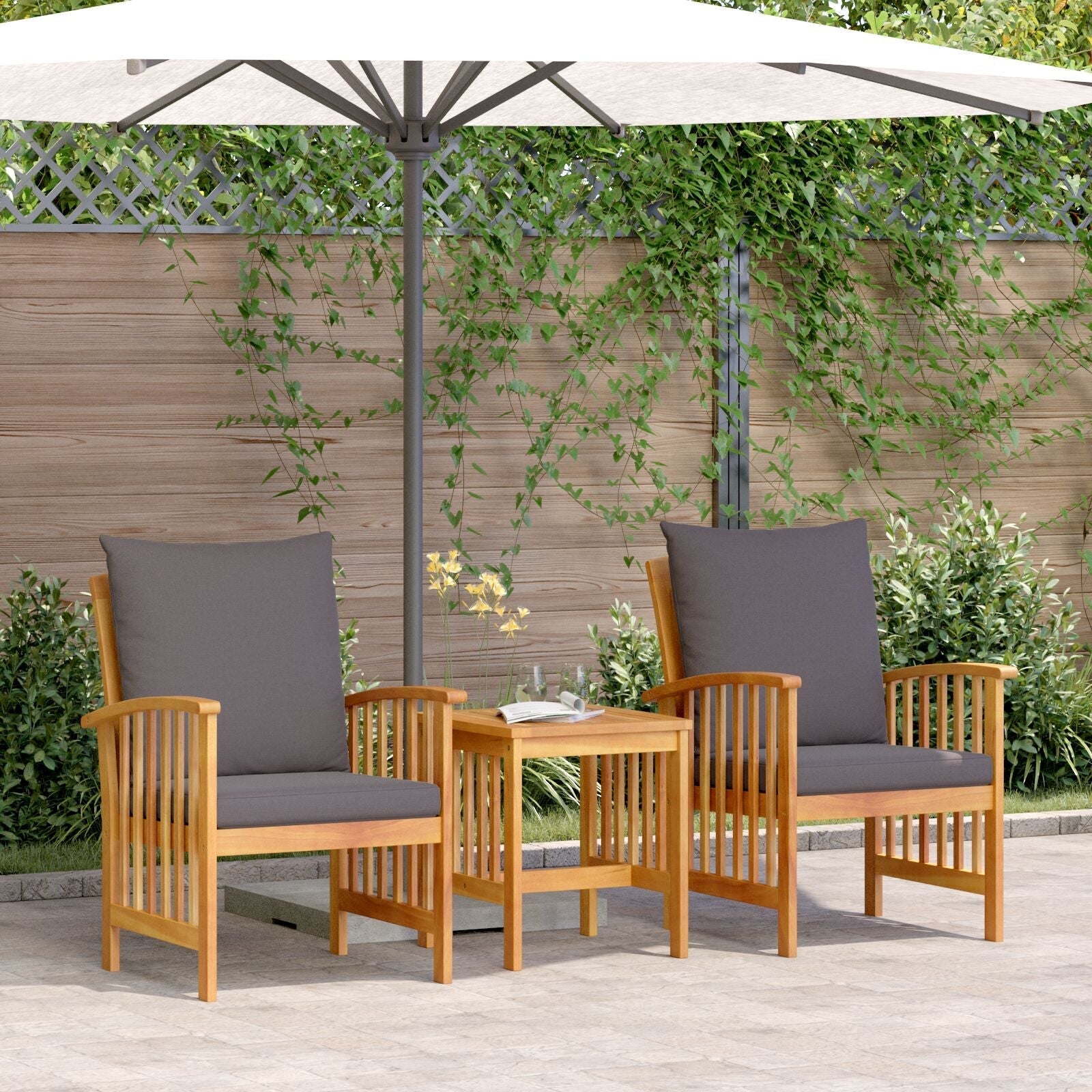 Light brown solid acacia wood outdoor dining set with gray cushions and white umbrella side table kron acacia wood 45cm