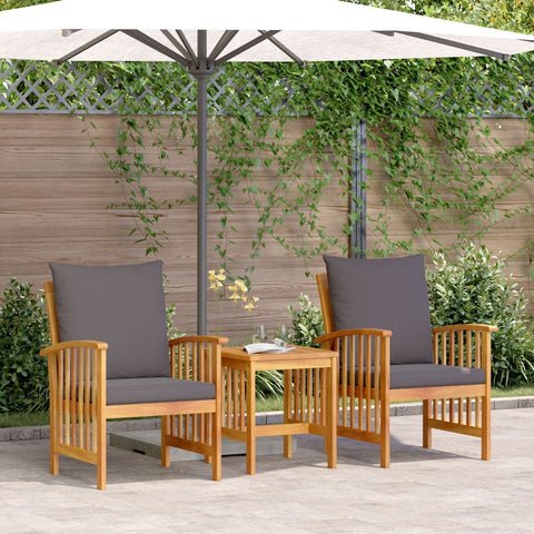 Light brown solid acacia wood outdoor dining set with gray cushions and white umbrella side table kron acacia wood 45cm