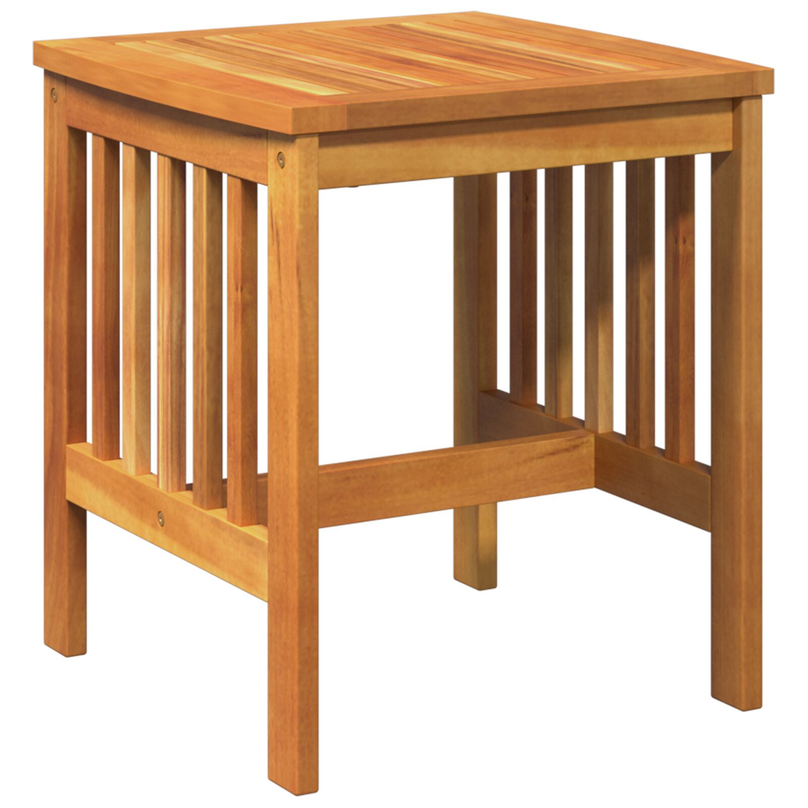 Light brown kron acacia wood side table with slatted top and vertical spindles perfect for solid acacia wood outdoor dining set
