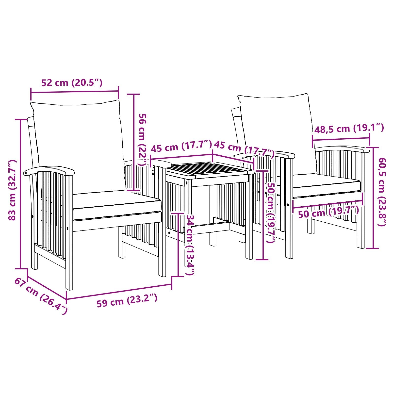 Outdoor wooden patio set with two cushioned armchairs and side table made of solid acacia wood kron acacia wood 45cm