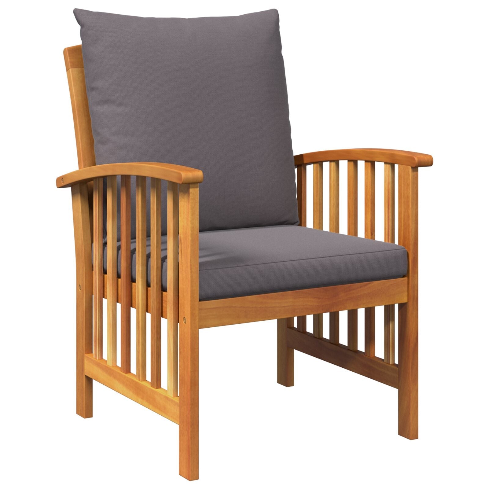 Teak wood armchair with dark gray cushioned seat and backrest made of solid acacia wood for outdoor dining set