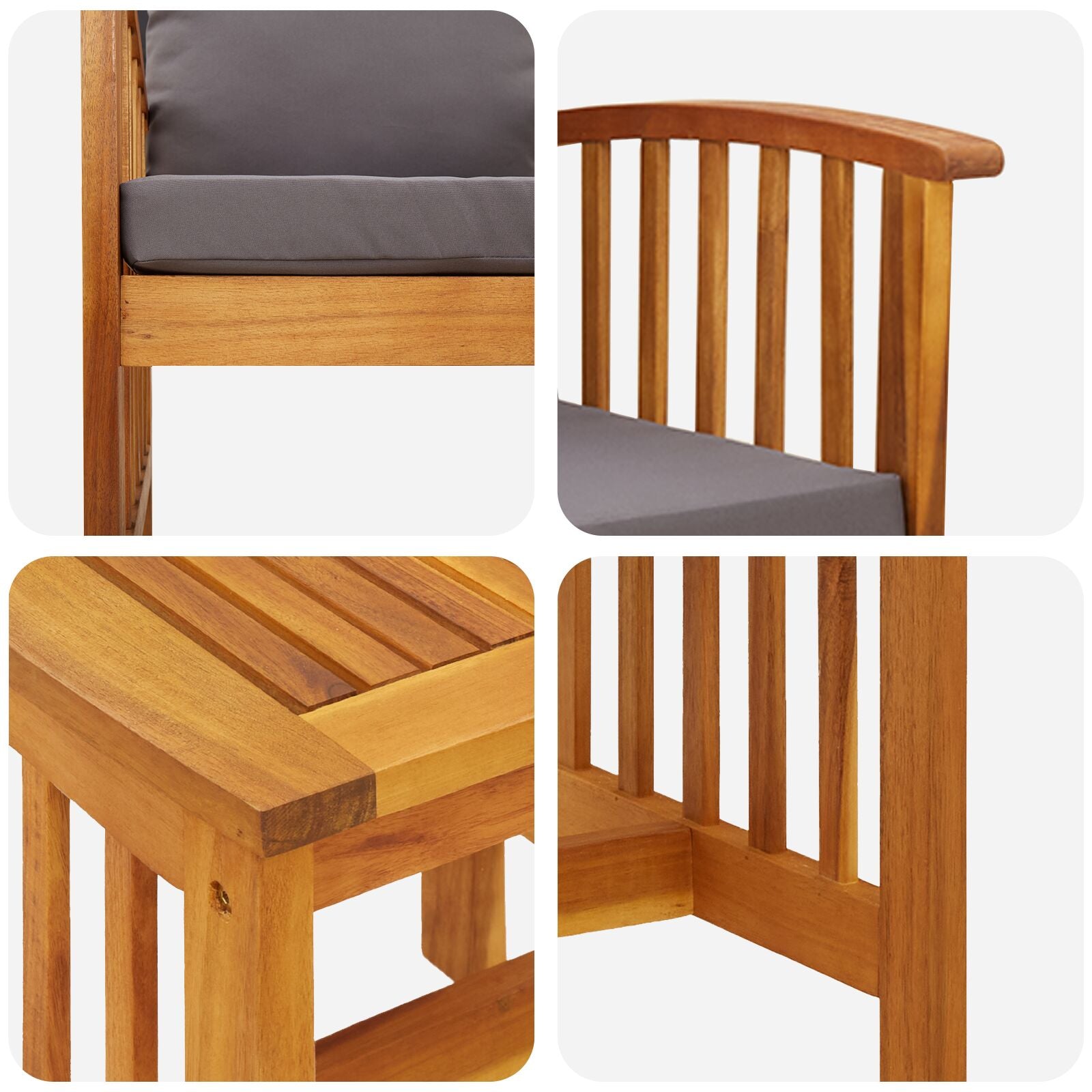Teak wood outdoor armchair with gray cushioned seat and backrest made of solid acacia wood for outdoor dining set
