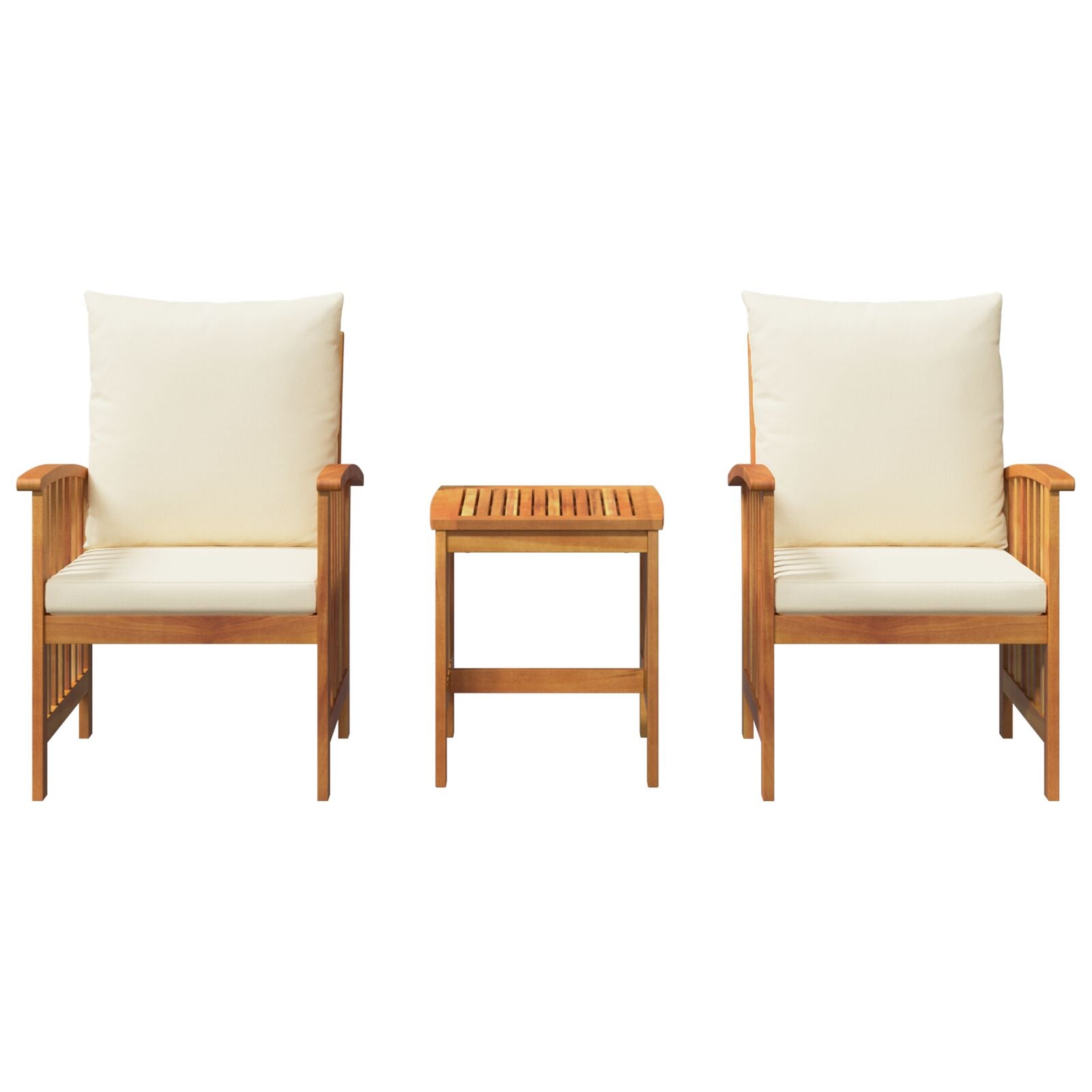Set of two light brown solid acacia wood armchairs with cream cushions and matching slatted side table for outdoor dining set