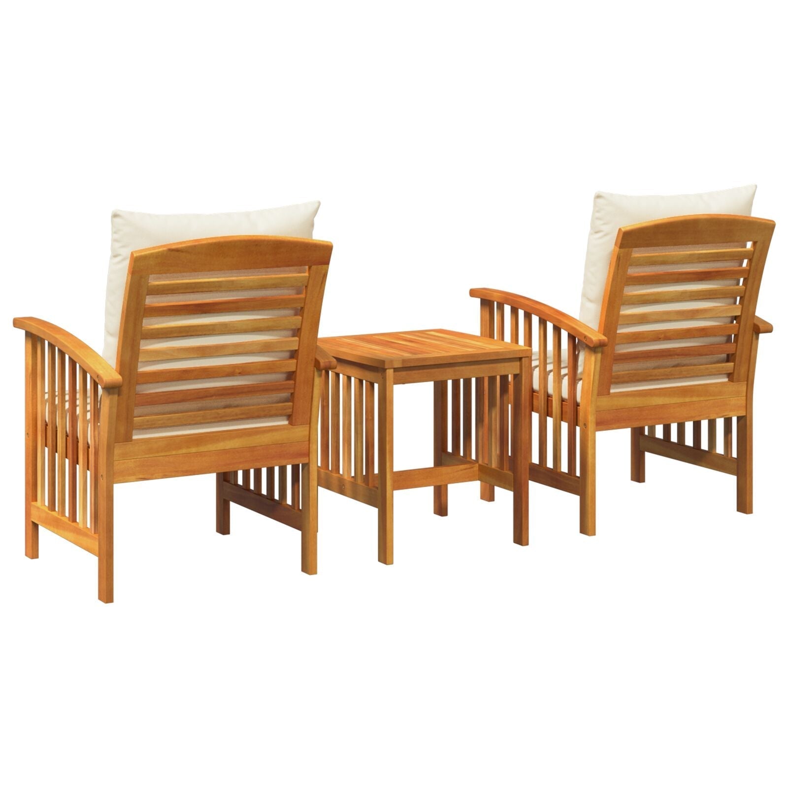 Set of two teak armchairs with cream cushions and a matching side table in solid acacia wood outdoor dining set