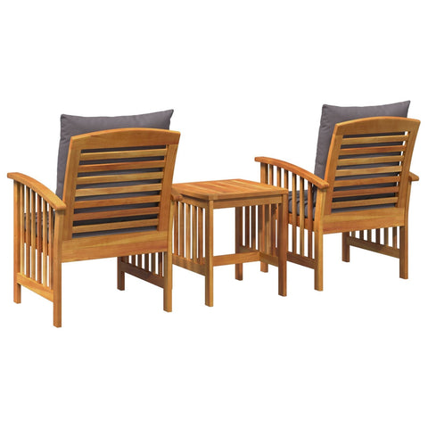 Set of two teak armchairs with gray cushions and matching side table in solid acacia wood for outdoor dining set