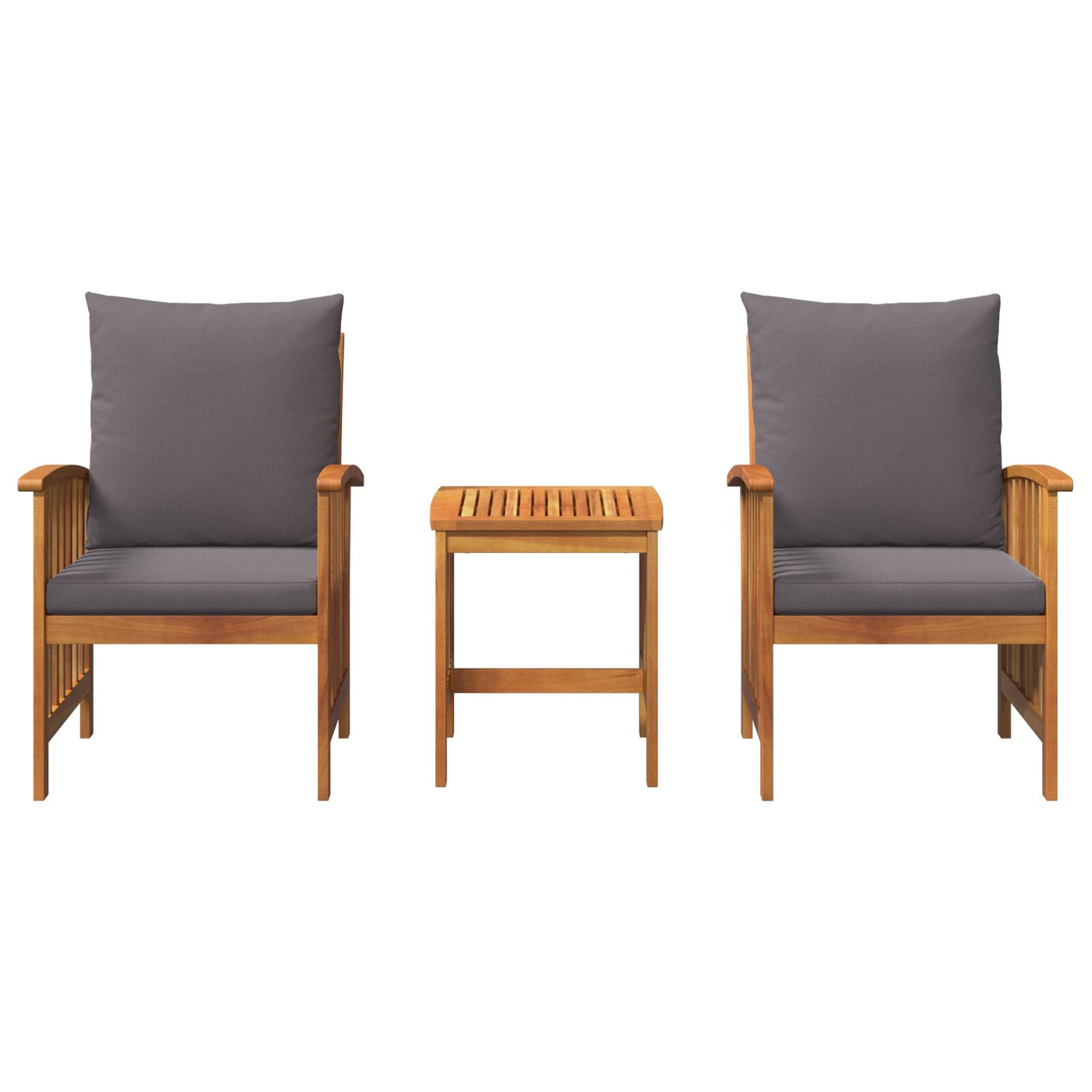 Set of two matching wooden armchairs with dark gray cushions and acacia wood slatted side table for outdoor dining set