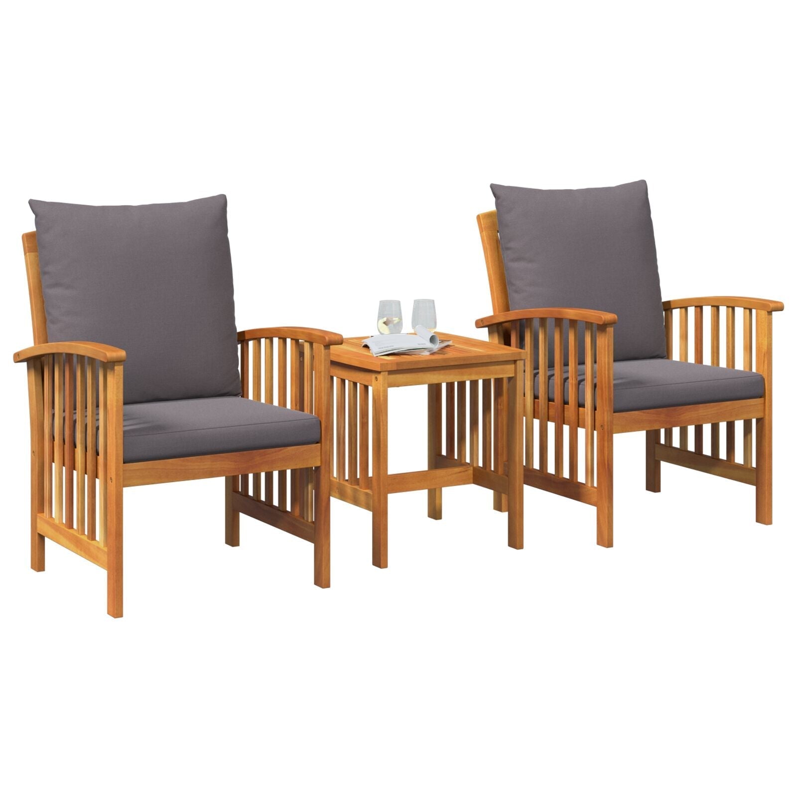Set of two solid acacia wood armchairs with gray cushions and a matching slatted side table for outdoor dining set