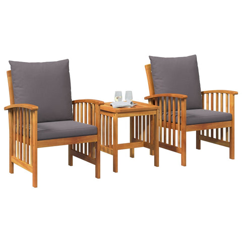 Set of two solid acacia wood armchairs with gray cushions and a matching slatted side table for outdoor dining set