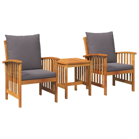Set of two wooden armchairs with gray cushions and matching side table in solid acacia wood outdoor dining set