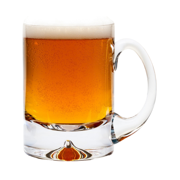 Clear glass krosno dimple base tankard filled with amber beer topped with frothy white head 1 pint capacity
