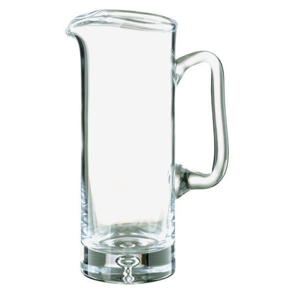 Clear glass krosno water jug with curved handle spout and sturdy base perfect for serving water at home