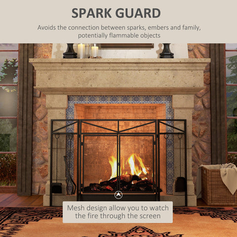 HOMCOM 3 Panel Folding Fire Guard Screen with Fireplace Tool Sets and Front Doors, Freestanding Fire Screen Spark Guard with Feet for Open Fire, Log Burner, Fireplace, 122 x77 cm, Black