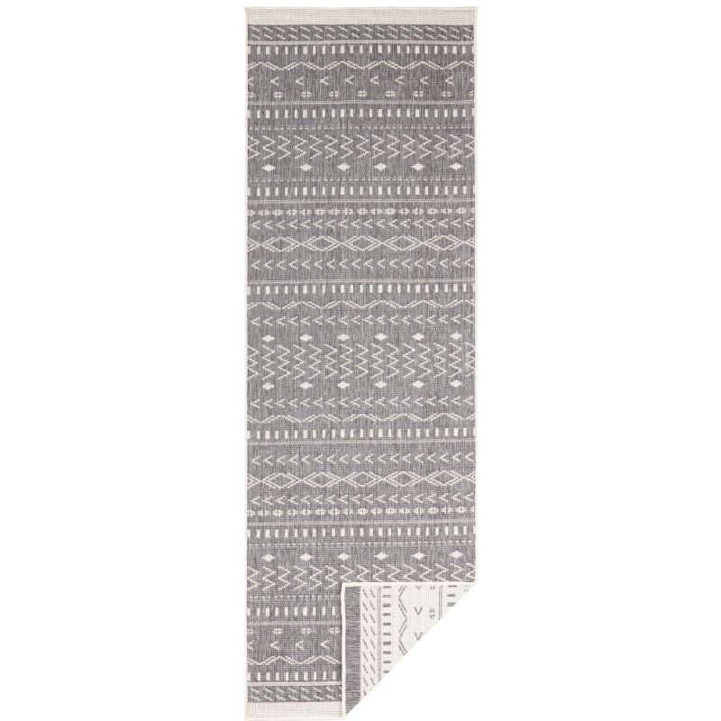 Gray and white patterned kuba reversible indoor-outdoor runner rug with geometric designs for versatile use
