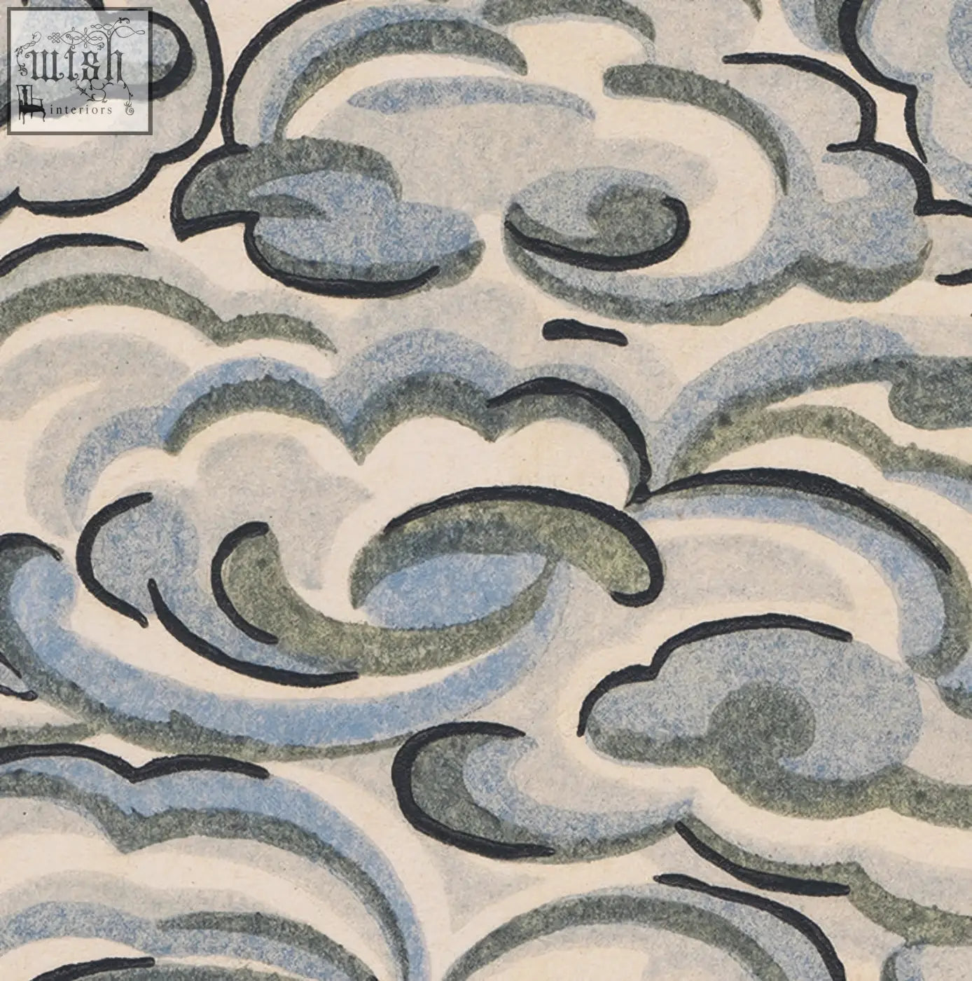 Kumo Clouds Sky wallpaper with stylized blue and gray clouds printed on ethically sourced materials using digital printing