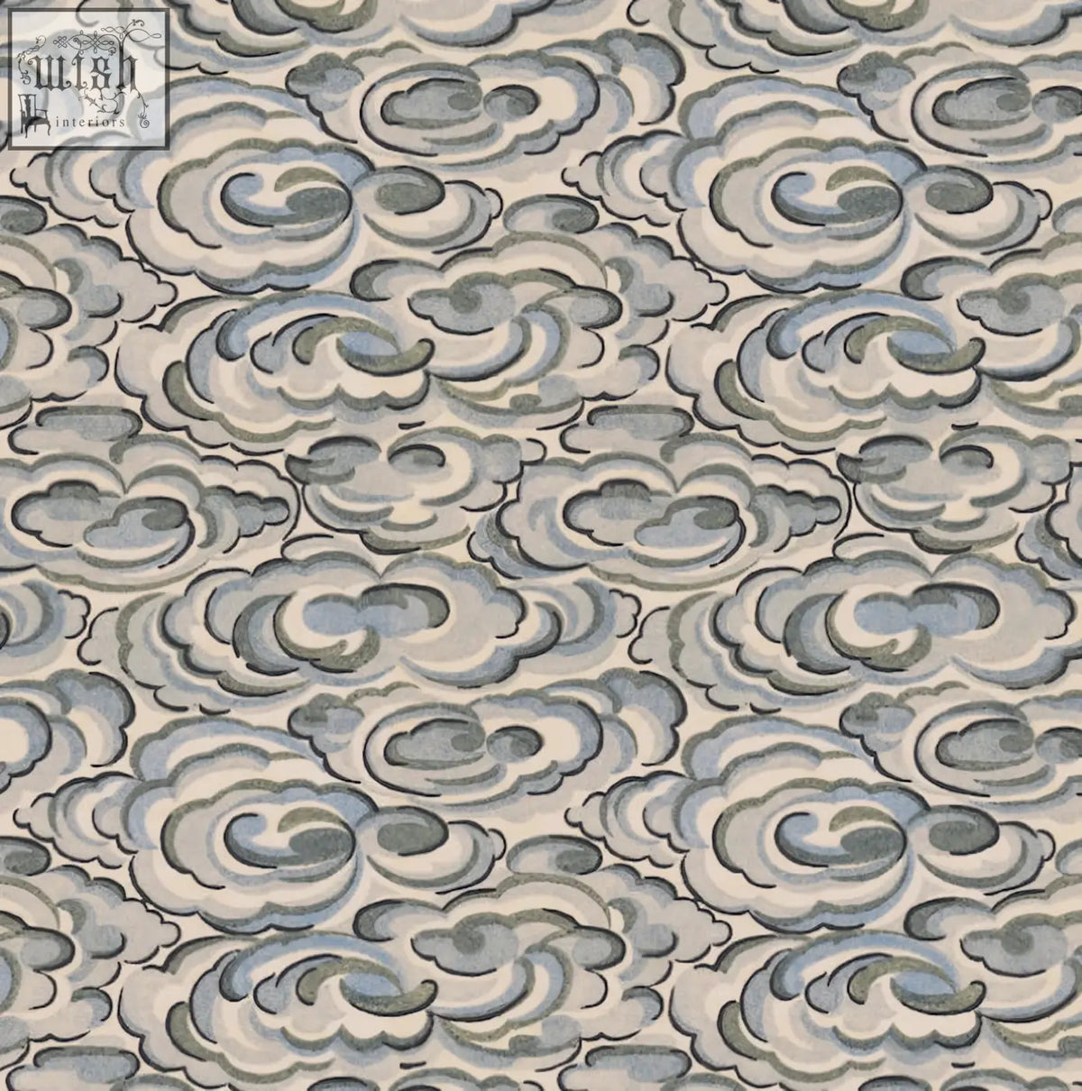 Gray and white stylized cloud pattern fabric wallpaper made with ethically sourced materials and digital printing