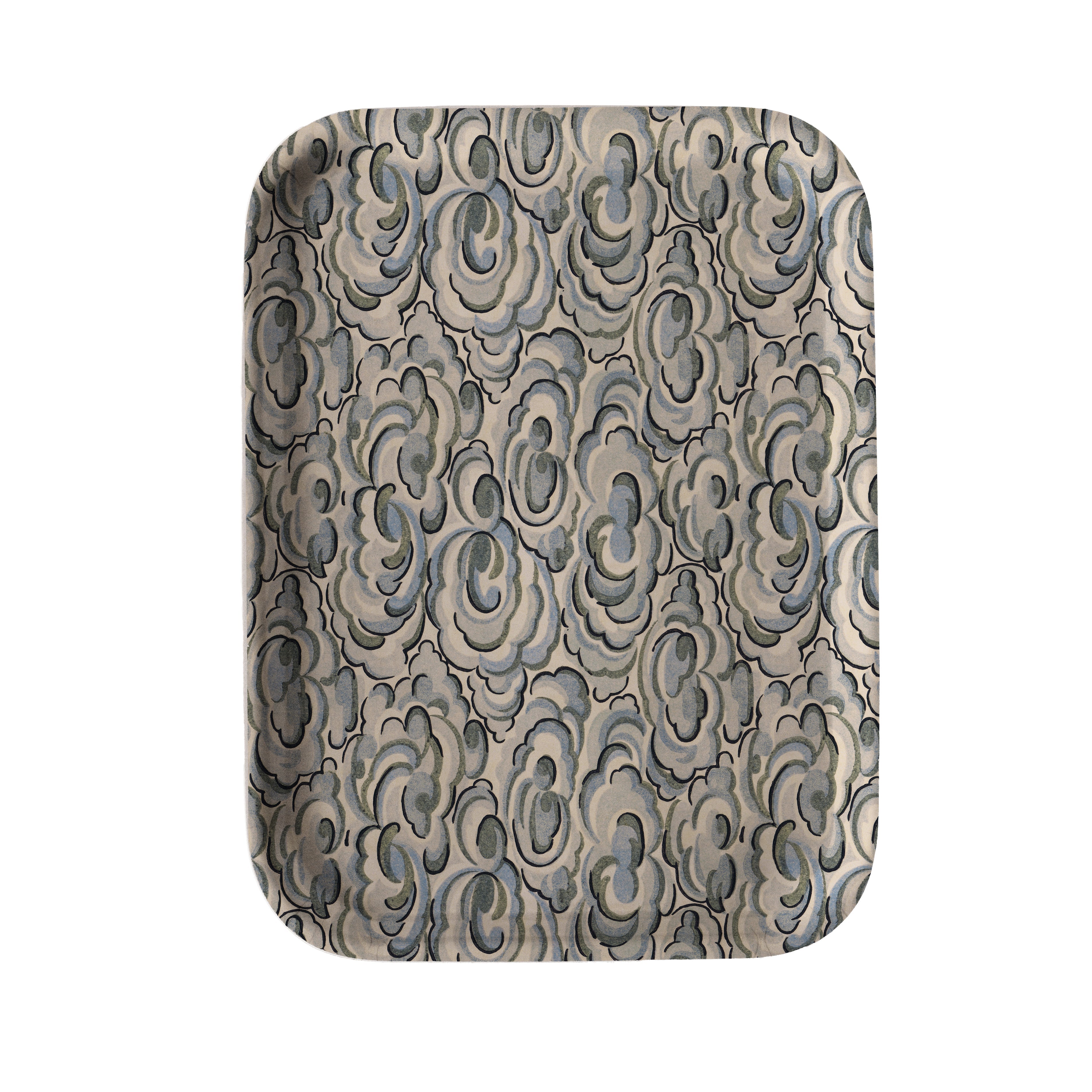 Rectangular kumo clouds tray with rounded corners features a repeating pattern of gray and beige stylized clouds