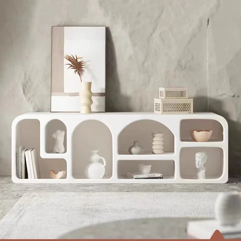 White minimalist kure cabinet console table with arched and rectangular open shelves for stylish storage