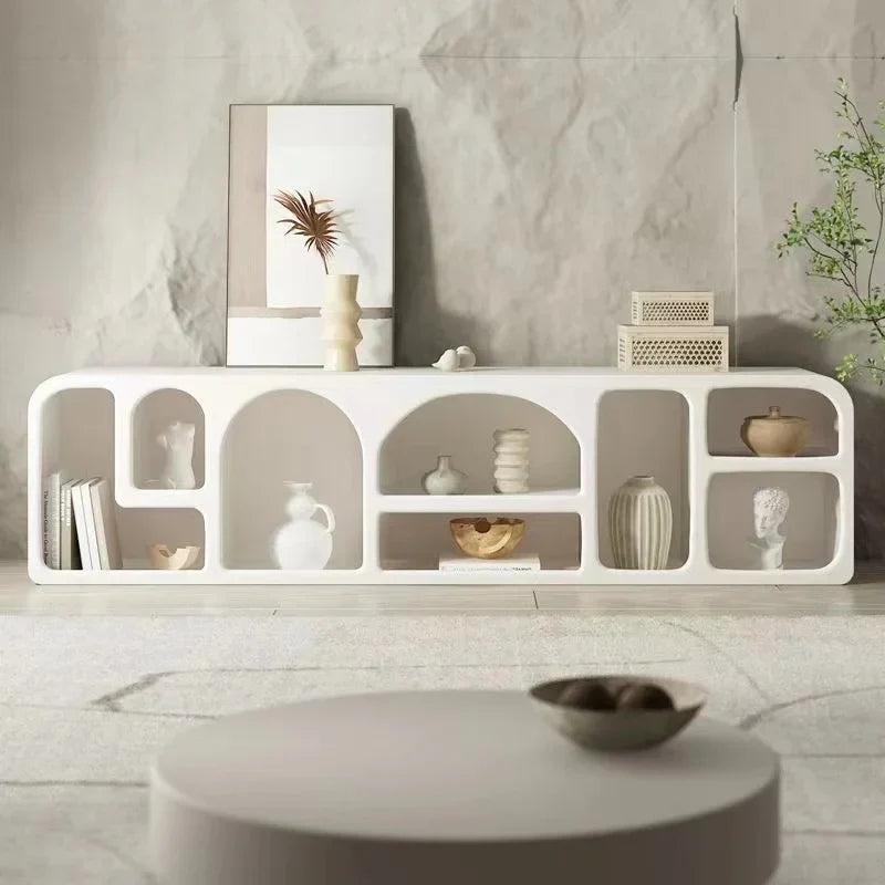 White minimalist kure cabinet console table with geometric arched shelves and smooth matte finish