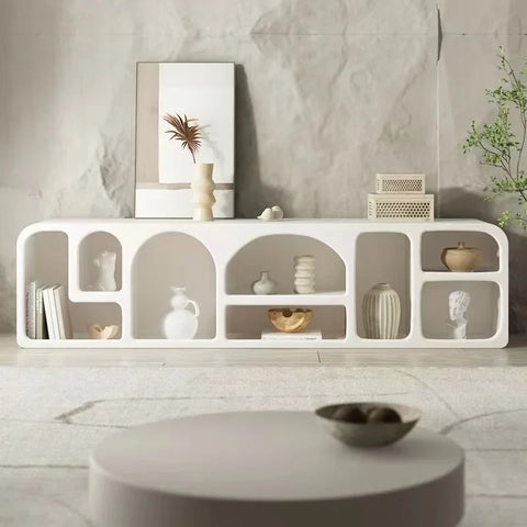 White minimalist kure cabinet console table with geometric arched shelves and smooth matte finish