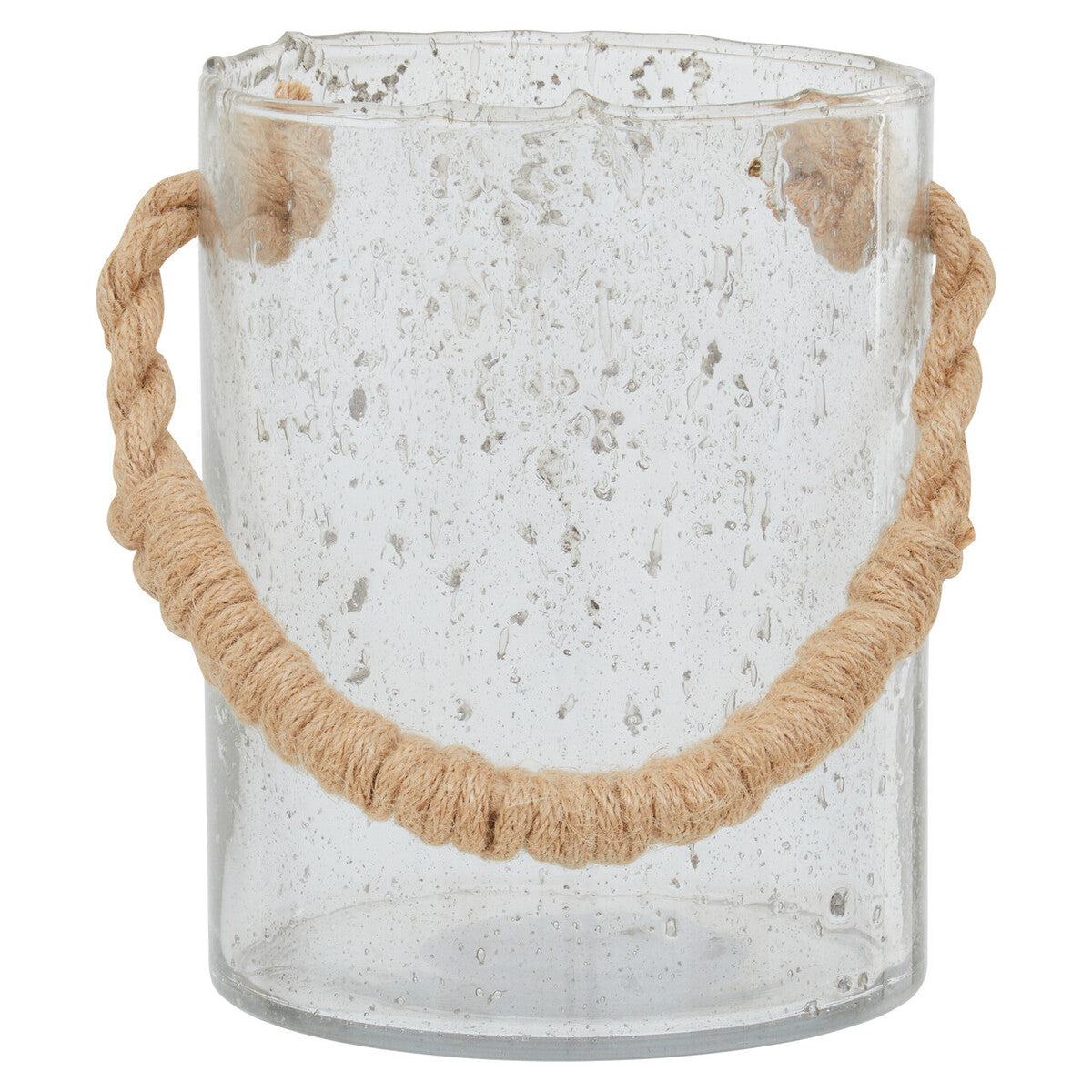 Clear glass kuta natural rope medium lantern with textured speckled surface and natural rope handles