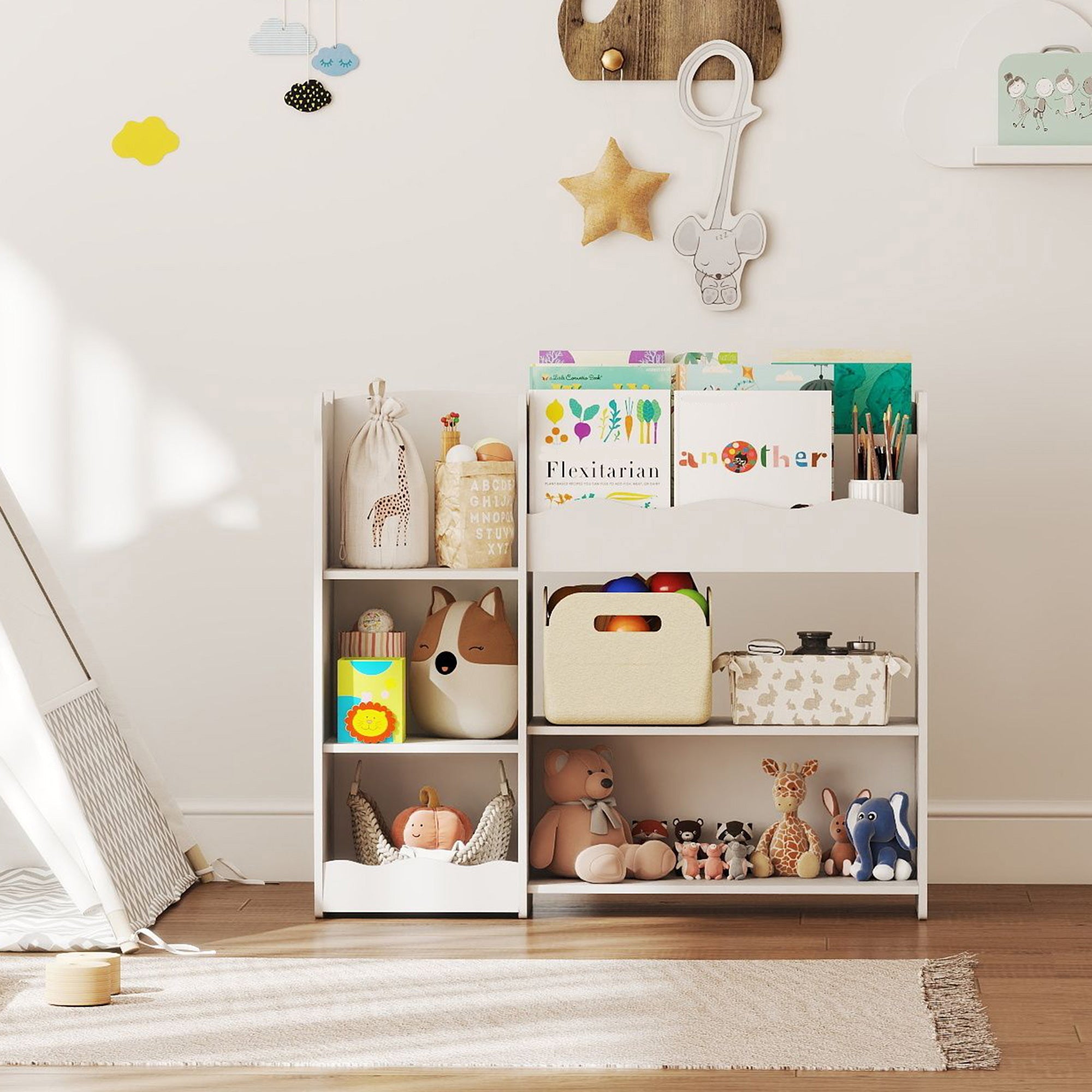 AIYAPLAY Kids Toy Storage Unit, Bear Design Kids Bookshelf and Toy Organiser, for Bedroom, Nursery, Playroom, White