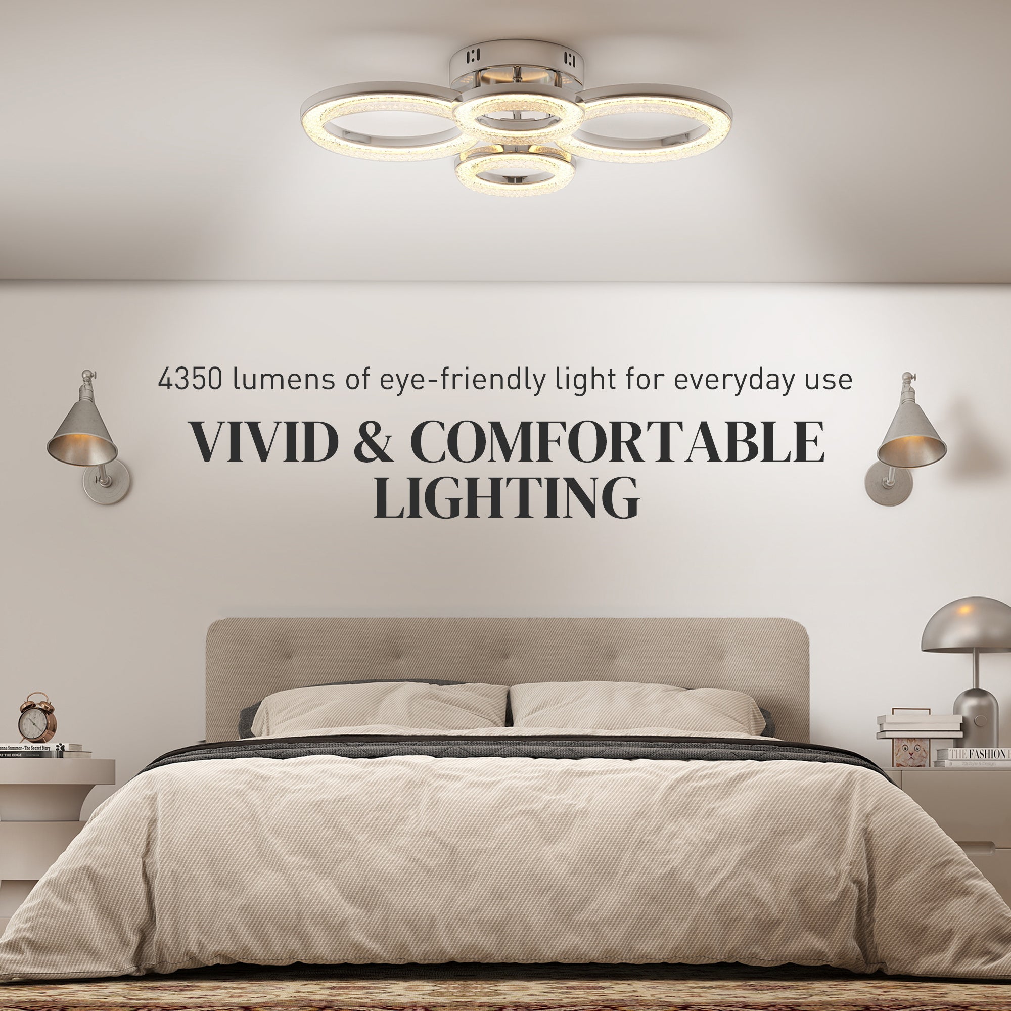 HOMCOM LED Ceiling Light, Modern Dimmable 4 Rings Ceiling Lamp with Wall Switch, 40W 4350lm Flush Mount Ceiling Light with 3500K/4500K/6000K Colour Temperatures for Living Room, Bedroom, Silver Tone