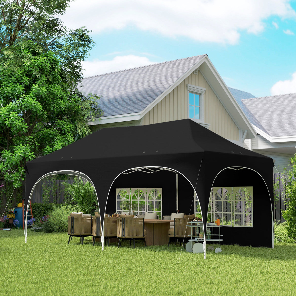 Outsunny 3 x 6m Pop Up Gazebo Shelter with Sides, 6 Sandbags, Peak Top Garden Party Tent Marquee with Carry Bag, Black
