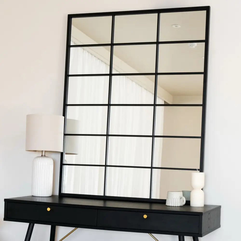 Kyō - Black Metal Rectangle Lattice Window Mirror - 120cm x 95cm - Mirror
