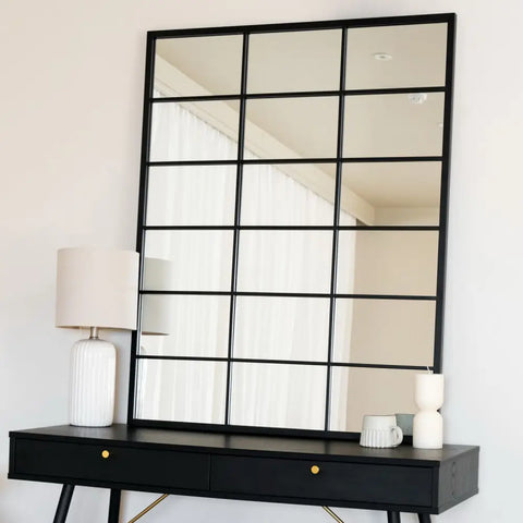 Kyō - Black Metal Rectangle Lattice Window Mirror - 120cm x 95cm - Mirror