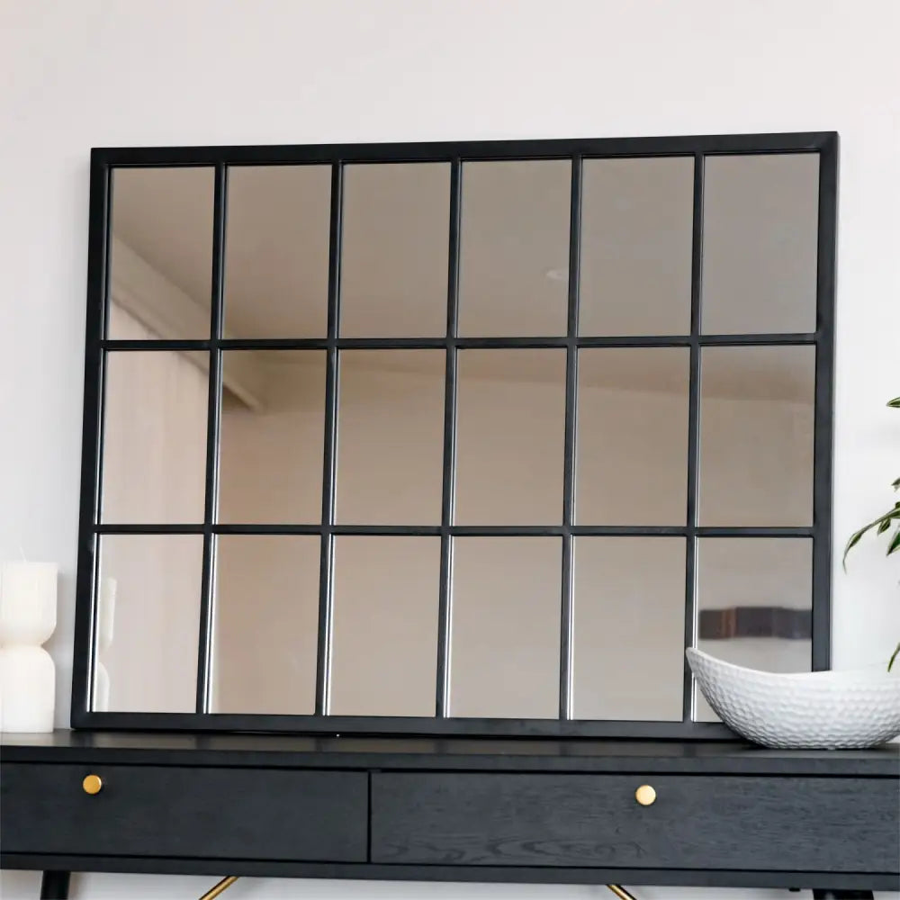 Kyō - Black Metal Rectangle Lattice Window Mirror - 90cm x 70cm - Mirror