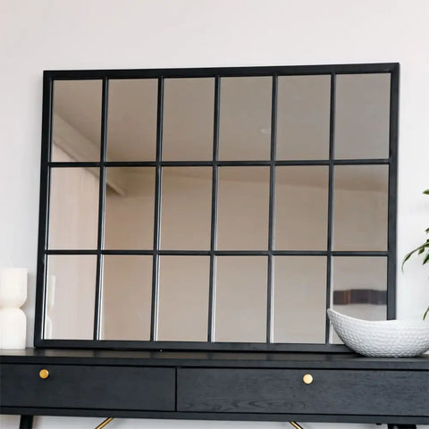 Kyō - Black Metal Rectangle Lattice Window Mirror - 90cm x 70cm - Mirror