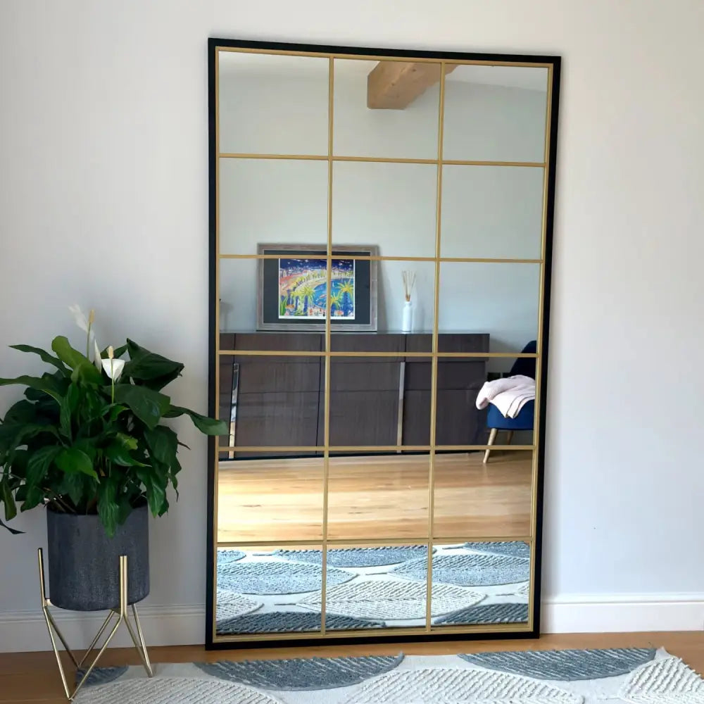 Kyō - Full Length Black and Gold Metal Rectangle Lattice Grid Mirror - 180cm x 105cm. - Mirror