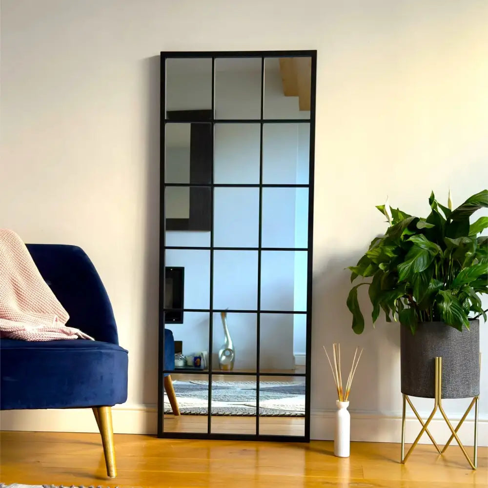 Kyō - Full Length Black Metal Rectangle Lattice Grid Mirror - 150cm x 60cm. - Mirror