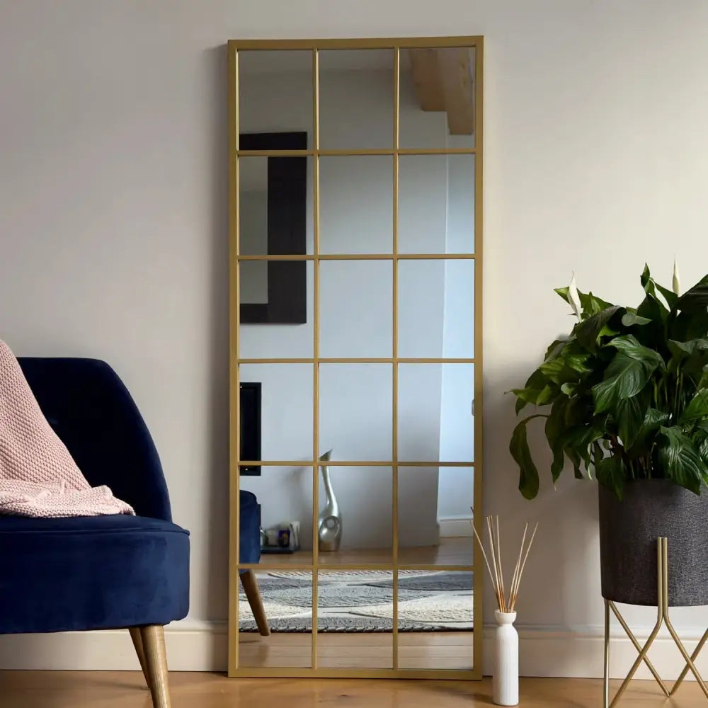 Kyō - Full Length Gold Metal Rectangle Lattice Grid Mirror - 150cm x 60cm - Mirror