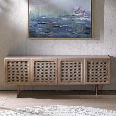 Light wood kyoto cabinet sideboard with four cane paneled doors and slim metal legs for stylish storage