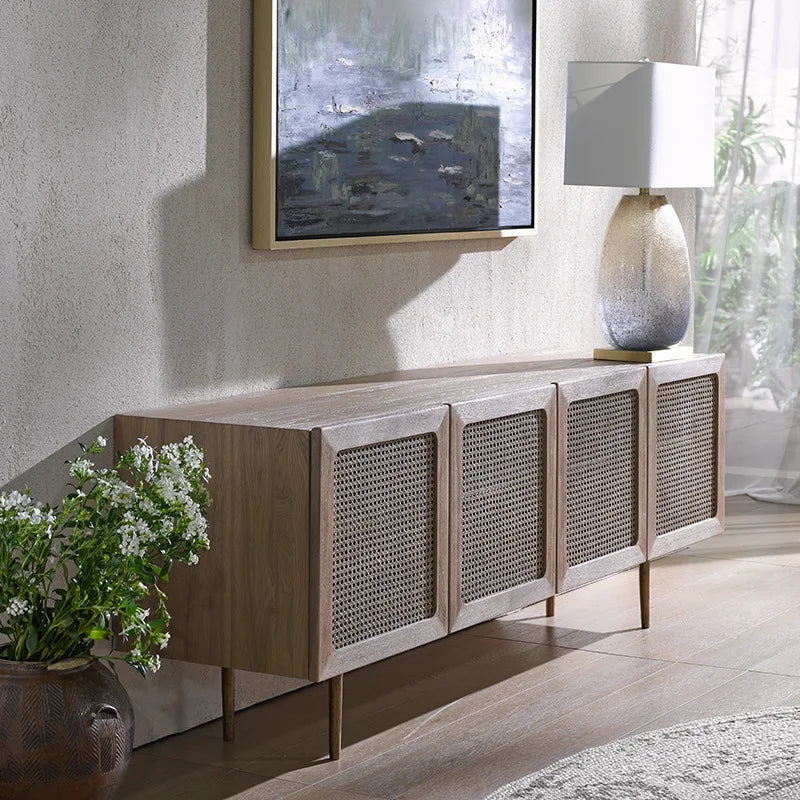 Light wood kyoto cabinet sideboard with woven cane panels and slender metal legs perfect for stylish storage