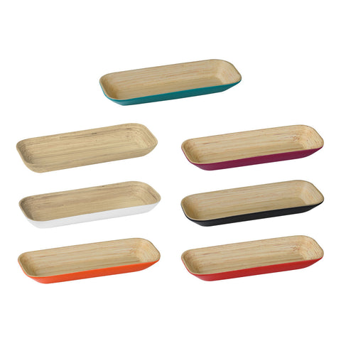 Rectangular kyoto raspberry large bamboo tray with colorful teal magenta white black orange and red painted edges